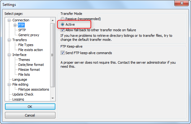 FileZilla FTP Settings Dialog